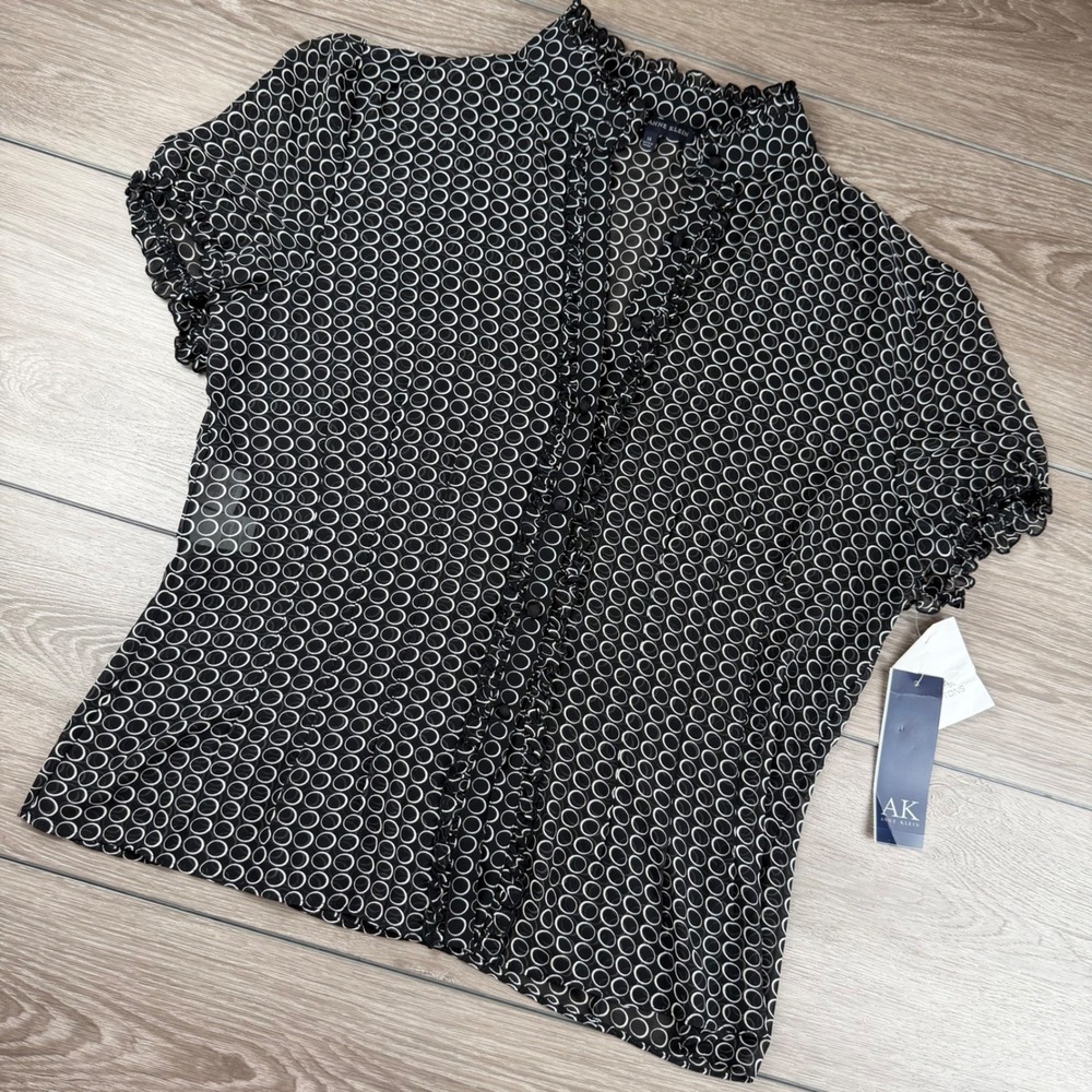 Anne Klein Women Blouse Ruffle Sheer Geometric Black White 14